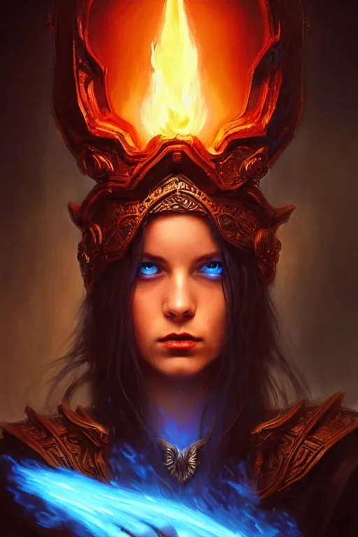 Image similar to Front portrait of mage hold a blue fire on right hand and red fire on the left hand, full body, fine art, awesome fantasy book cover on Pinterest, award winning, dark fantasy landscape, fantasy magic, intricate, elegant, sharp focus, cinematic lighting, highly detailed, digital painting, concept art, art by WLOP and Artgerm and Greg Rutkowski, masterpiece, trending on artstation, 8K