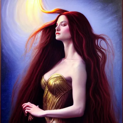 Image similar to portrait of a female wizard in flowing sensual dress, long flowing hair, delicate, looking at camera, slightly smiling, realistic face, stylish, elegant, extremely detailed painting inspired by Gerald Brom, stunning lighting