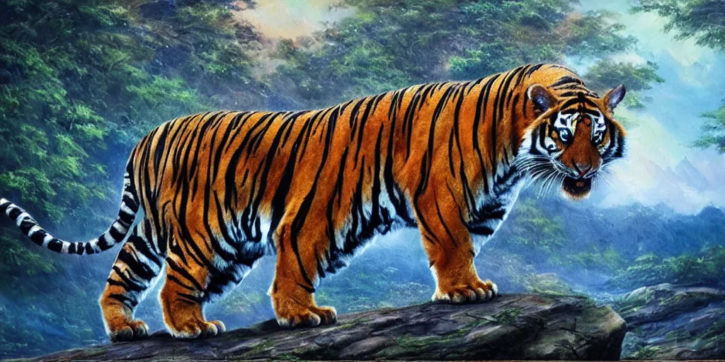 Image similar to alien landscape, bengal tigers, oil painting 8 k, trending on artstation, bob ross, really really good