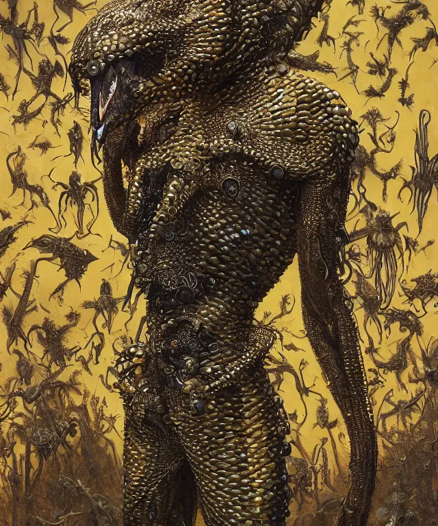 Prompt: a portrait photograph of a fierce sadie sink as a strong alien harpy queen with amphibian skin. she is dressed in a yellow and black lace shiny metal slimy organic membrane vest and transforming into an evil insectoid snake bird. by donato giancola, walton ford, ernst haeckel, peter mohrbacher, hr giger. 8 k, cgsociety