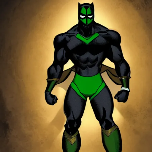 Prompt: dark - skinned superhero with a black suit and very minimal green details, his power comes from a ring that gives him mutant - like powers and a spectacular mask as a weapon he has an expandable staff. he wears no cape. he has a belt as a feline tail.
