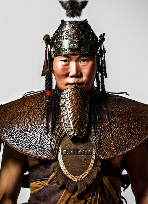 Image similar to tai warlord closeup portrait, historical ethnic group, traditional tai costume, bronze headset, leather armor, fantasy, intricate with dong son bronze artifacts