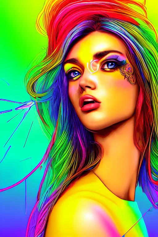 Image similar to a award winning half body portrait of a beautiful woman with stunning eyes in a croptop and cargo pants with rainbow colored ombre hairstyle head in motion and hair flying by thomas danthony, outlined by whirling illuminated neon lines, outrun, vaporware, shaded flat illustration, digital art, trending on artstation, highly detailed, fine detail, intricate