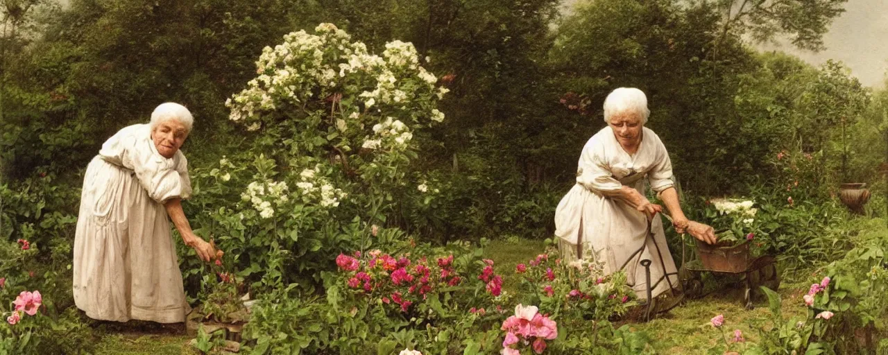 Prompt: a very old woman taking care of her flowers in the garden, 1800 picture style