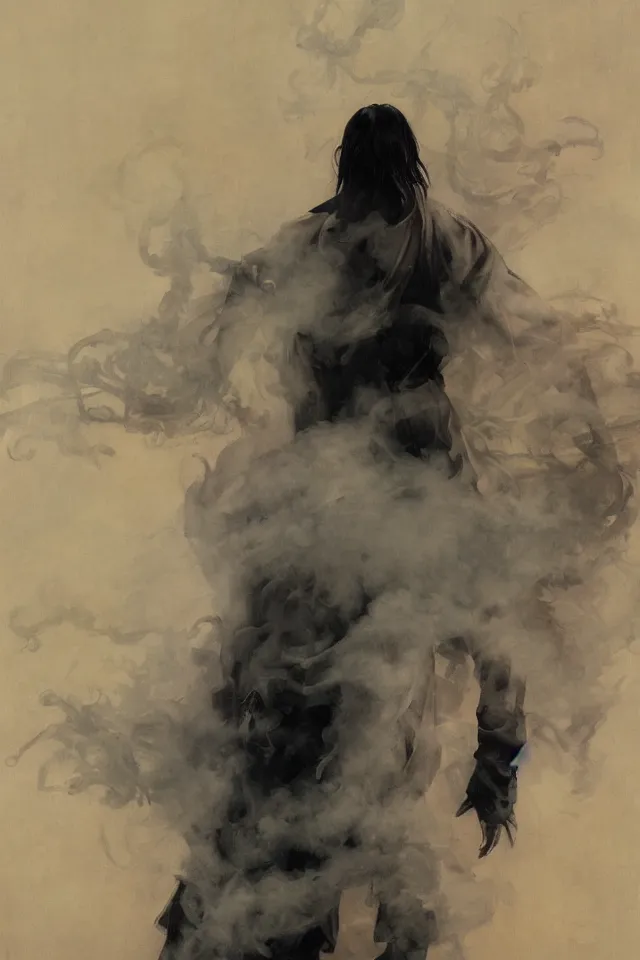 Prompt: painting of a man with pale skin and long-black hair, latex suit and raincoat, floating in smoke, in the style of ruan jia and yoshitaka amano