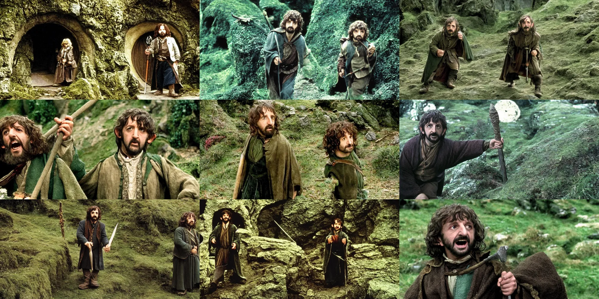 Prompt: A full color still of Ringo Starr as a hobbit, in The Lord of the Rings directed by Stanley Kubrick,