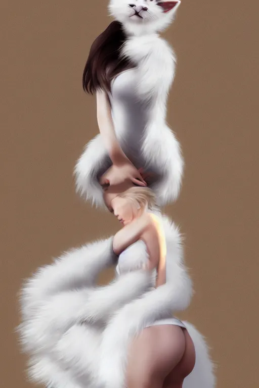 Image similar to beautiful aesthetic full body digital illustration of a young woman wearing a furry white dress, furry white cat ears and tail, by wlop and Julia Razumova, realistic, photorealistic, hyperrealistic, unreal engine, octane, deviantArt, trending on artstation, artstation HQ