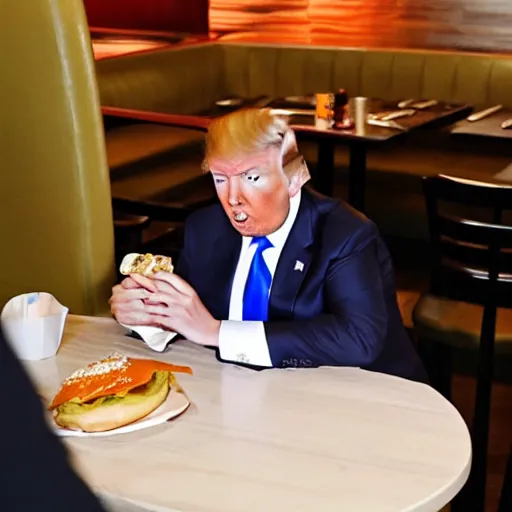 Image similar to donald trump stting at a restaurant table eating a cheeseburger with his mouth wide open, paparazzi photo