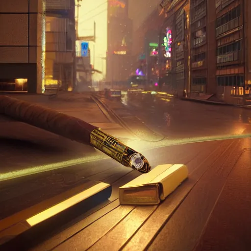 Image similar to A cyberpunk cigar by Evgeny Lushpin, Trending on Artstation, octane render, 1980s Computer Graphics