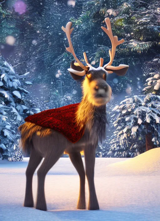 Prompt: A small reindeer sitting on a green throne in the middle of Egypt in the snow, unreal 5, hyperrealistic, octane render, dynamic lighting