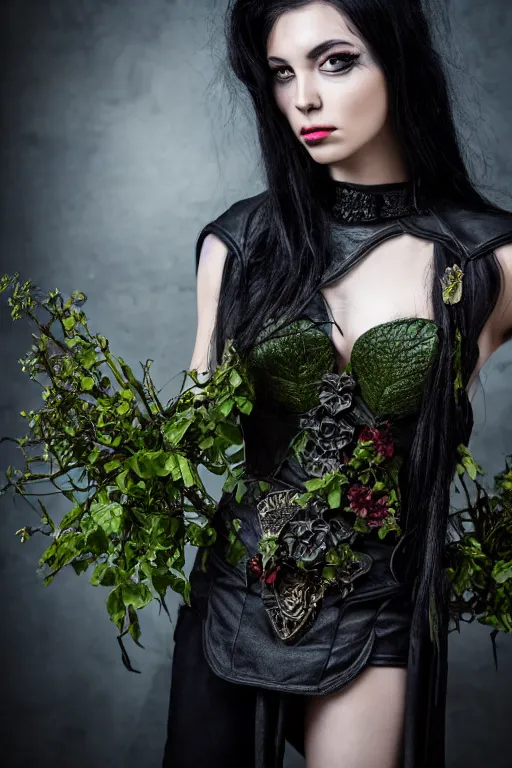 Image similar to very beautiful orcish top model, dark green hair, wearing valentin yudashkin gothic victorian armor with leaves and flowers, luxury materials, symmetrical, cinematic, elegant, professional studio light, real dlsr photography, sharp focus, 4 k, ultra hd, sense of awe, high fashion