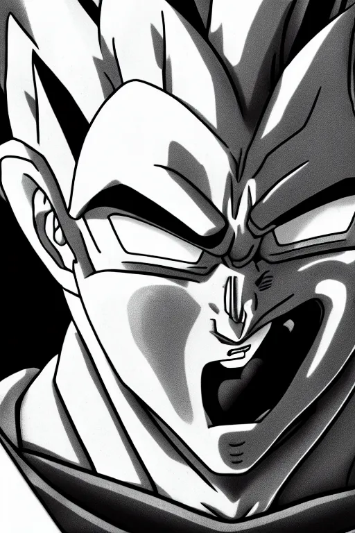 Prompt: prince vegeta, prince of all saiyans, solo portait, grayscale photography, very detailed, 4 k