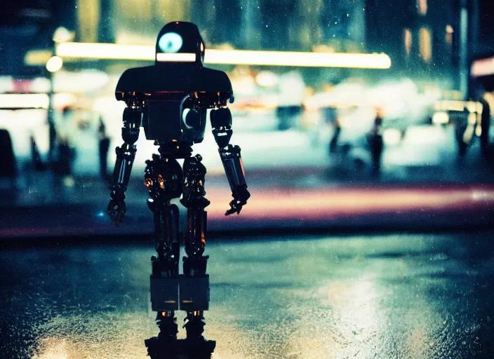 Image similar to a 2 8 mm macro kodachrome photo of a metallic cyborg droid with glowing lights, walking alone on a rainy night in the city in the 1 9 5 0's, seen from a distance, bokeh, canon 5 0 mm, cinematic lighting, film, photography, golden hour, depth of field, award - winning, neon, cyberpunk