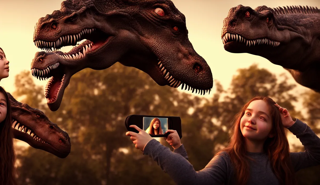 Image similar to portrait of a girl making selfie with her beloved tyrannosaurus, high detail, raytracing, back light, digital art, raymarching, by zdenek burian