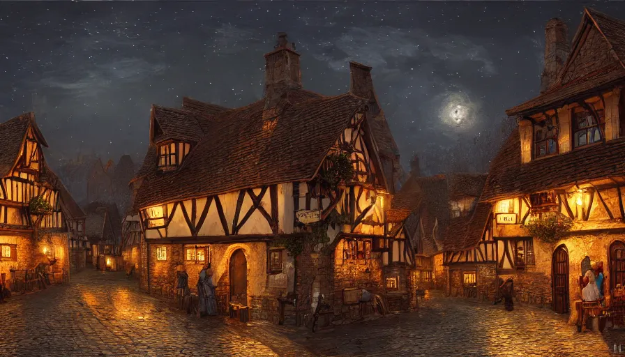 Prompt: Old English medieval village with taverns and restaurants at night paint by Nik Ainley and David Mcleod, hyperdetailed, artstation, cgsociety, 8k