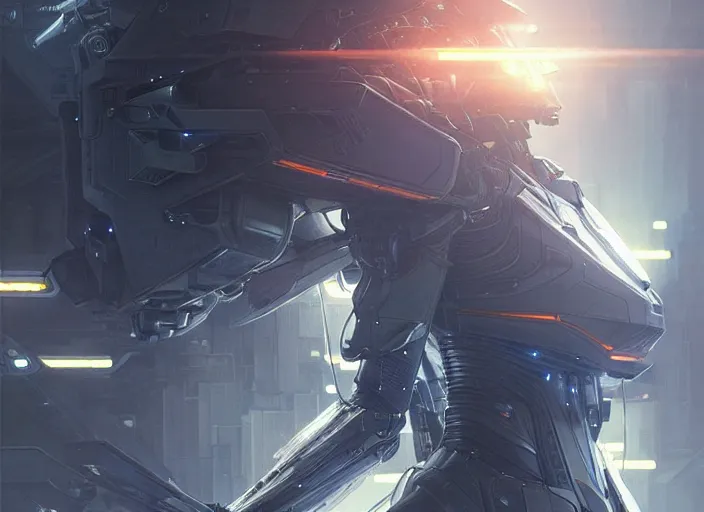 Image similar to armored core v, scifi, glowing lights intricate elegant, highly detailed, digital painting, artstation, concept art, smooth, sharp focus, thin glowing wires, illustration, art by artgerm and greg rutkowski and alphonse mucha, singularity