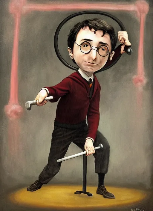 Prompt: a painting of Harry Potter doing barbell squats, an ultrafine detailed painting by Mark Ryden, trending on deviantart, pop surrealism, whimsical, lowbrow, grotesque