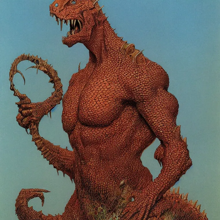 Image similar to a full body portrait of lizardman warrior concept, tribal, portrait by beksinski and moebius, background by moebius