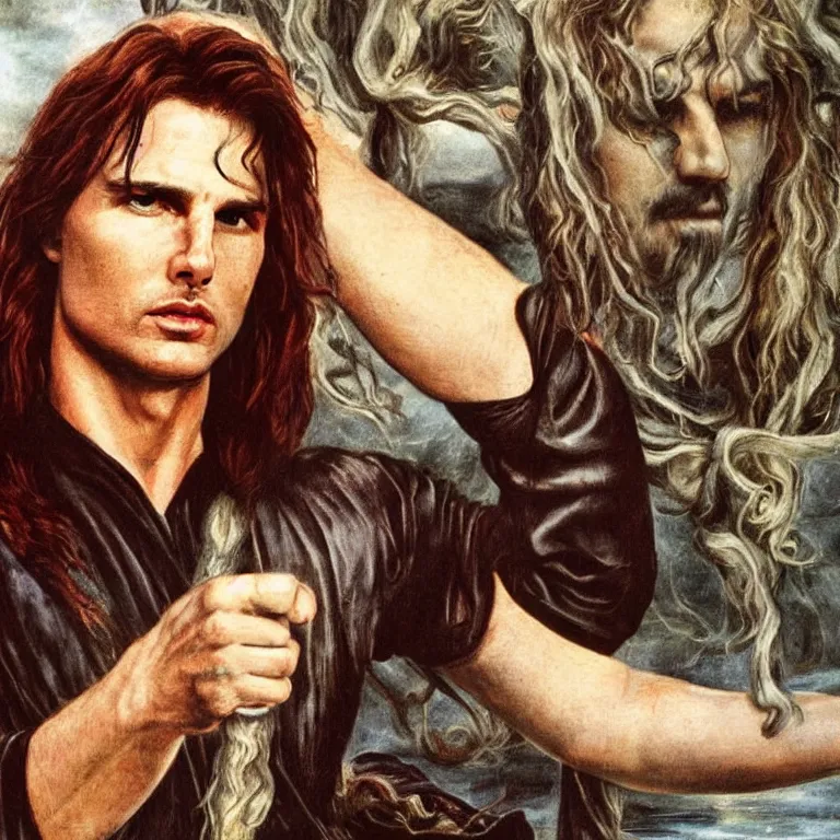 Image similar to Pre-Raphaelite portrait of Tom Cruise as the leader of a cult 1980s heavy metal band, with very long blond hair and grey eyes, high saturation