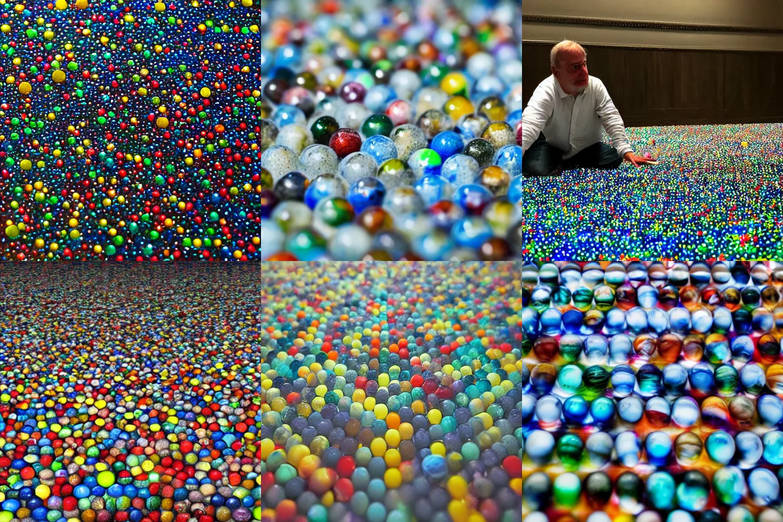 Prompt: Mozes walking in a landscape with a floor of glass marbles that each have a universe inside