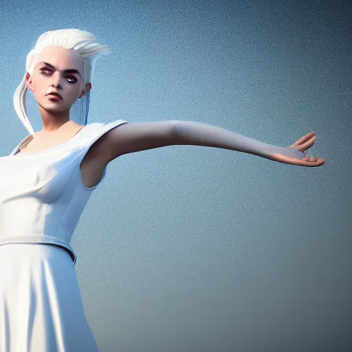 Prompt: Girl with white hair, white dress, thrown up against blue sky, strong sunlight, Unreal engine5, cinematic, 8K high resolution, super resolution rendering