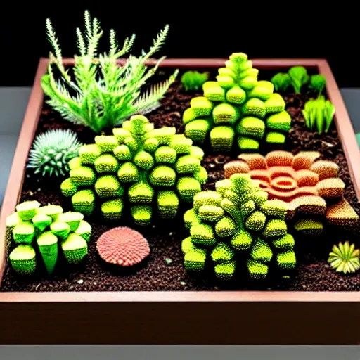 Prompt: composition of nine square boxes with different plants forms, diorama, front view, light mode, led lamps, coral reef, tremella fuciformis, grass, leaves, romanesco broccoli, abstract sculpture