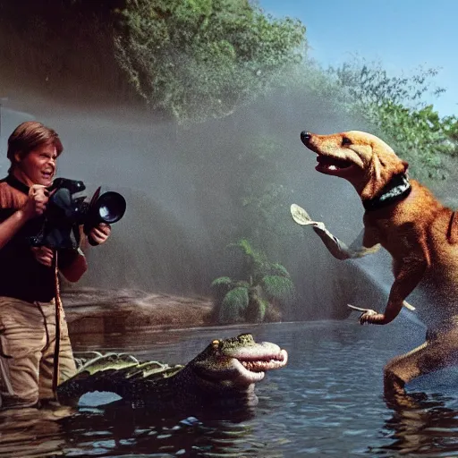 Prompt: steve irwin playing with dingo and crocodile in front of waterfall, epic detailed cinematic award winning profile photography 8 k