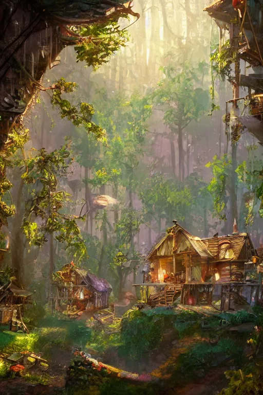 Prompt: a cheerful and whimsical ramshackle multistory hut in the woods, intricate, elegant, fantasy, highly detailed, digital painting, concept art, sharp focus, illustration, beautiful volumetric lighting, epic light, artstation, magic hour lighting, colorful, sunshine, springtime, art by Pixar