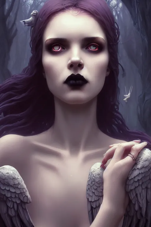 Image similar to beautiful very extreme closeup portrait, gothic girl, goth, vampire, birds, weeping angels, angel of grief, stone statues, beautiful woman body, unreal engine, greg rutkowski, loish, rhads, beeple, tom bagshaw, alphonse mucha, global illumination, detailed and intricate environment