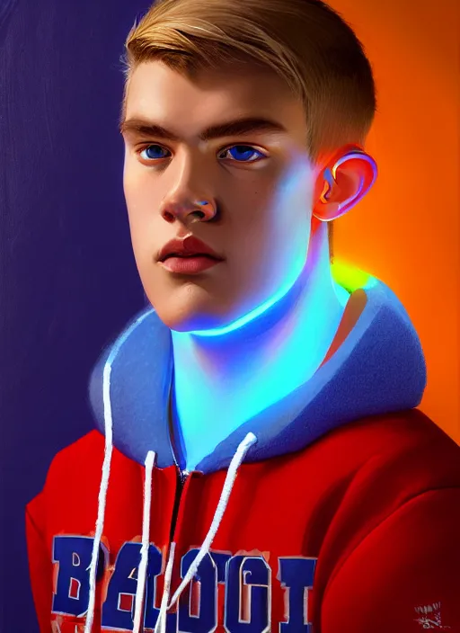 Image similar to portrait of high school senior boy named big moose, blonde short hair, jock, beefy, wide face, square jaw, square facial structure, blue varsity jacket with letter r, intricate, elegant, glowing lights, highly detailed, digital painting, artstation, concept art, sharp focus, illustration, art by wlop, mars ravelo and greg rutkowski