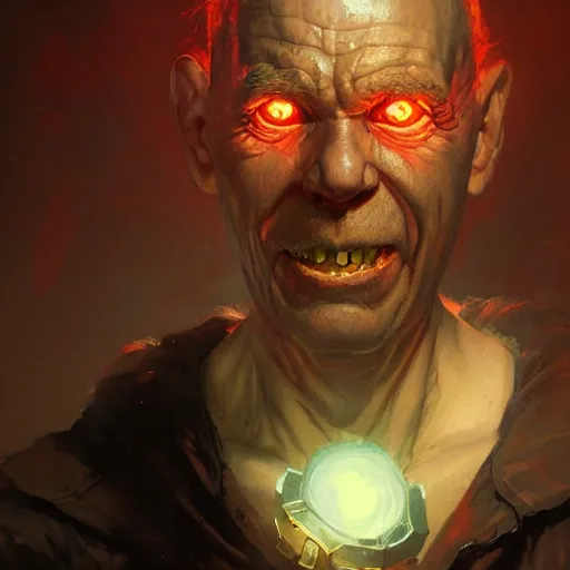 Image similar to portrait of a red bald man with black eyes and a black teeth, horror, glowing eyes, by Stanley Artgerm Lau , greg rutkowski, thomas kindkade, alphonse mucha, loish, norman rockwell. Trending on artstation detailed illustration hd 4k