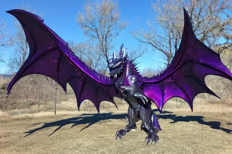 Image similar to 128 foot tall silver western style dragon that has purple accents, 360 foot wingspan, and jagged yet smooth plated scales