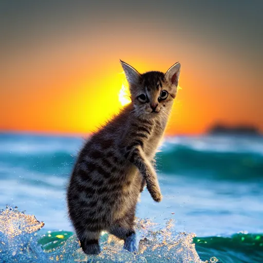 Prompt: a closeup photorealistic photograph of a cute kitten kangaroo hybrid splashing in the surf during sunset. professional capture, well lit shot. this 4 k hd image is trending on artstation, featured on behance, well - rendered, extra crisp, features intricate detail, epic composition and the style of unreal engine.