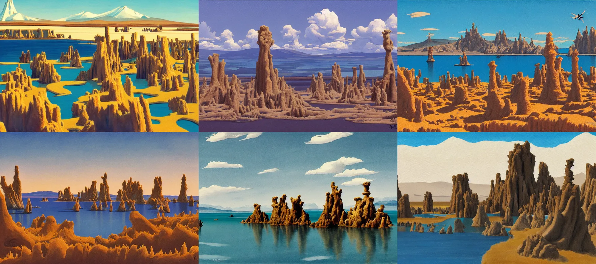 Prompt: Mono Lake landscape in the style of Dr. Seuss, starships, painting by Ralph McQuarrie