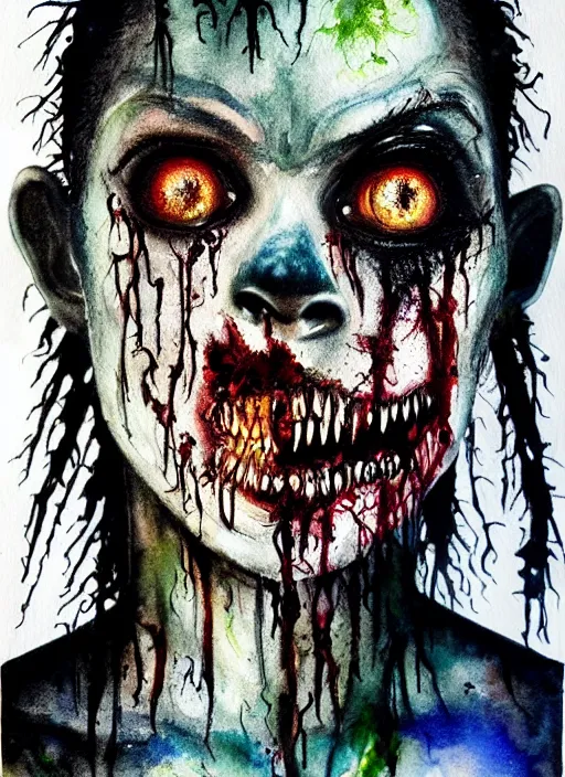 Image similar to black zombie hollywood artwork professional acting headshot, hyperrealism, intricate detail, studio lighting, charming expression gesicht, hauntingly beautiful zombie, watercolor art, epic, legendary, drawn and painted, colored layers, dulled contrast, exquisite fine art, splatterpaint