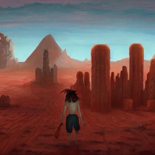 Image similar to panorama of giant stone golem carrying a city on its back walking through a desert, oil painting, by lois van baarle