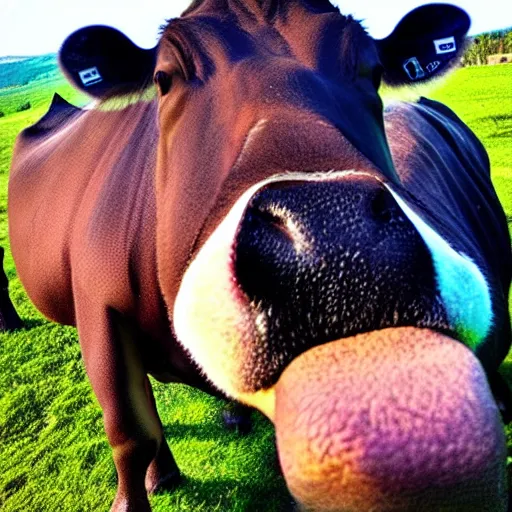 Image similar to selfie stick photo of a cow and it's hippopotamus best friend