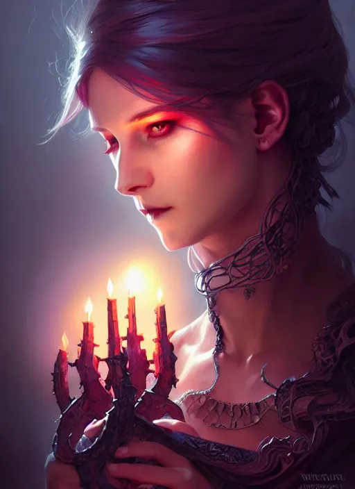 Image similar to Necromancer Sorceress, fantasy magic, undercut hairstyle, dark light night, intricate, elegant, sharp focus, illustration, highly detailed, digital painting, concept art, matte, art by WLOP and Artgerm and Greg Rutkowski and Alphonse Mucha, masterpiece