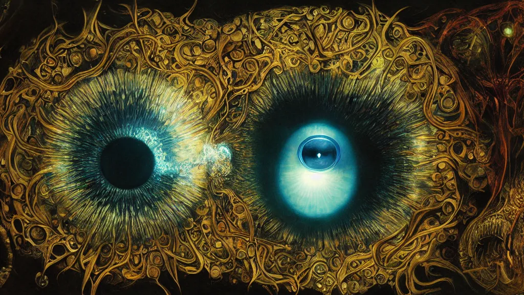 Prompt: a beautiful dreamy painting of a coronavirus inside a glowing television screen, evil eye, dark, sinister, detailed, high contrast, art by Ernst Haeckel and Greg Rutkowski