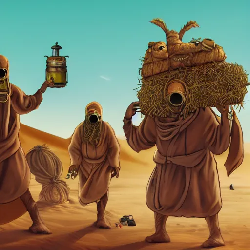 Image similar to several stoner merchants in robes with integrated bong gas mask appliances, carrying bales of herbs across an alien desert with camel-like creatures in tow. Album art by Arik Roper