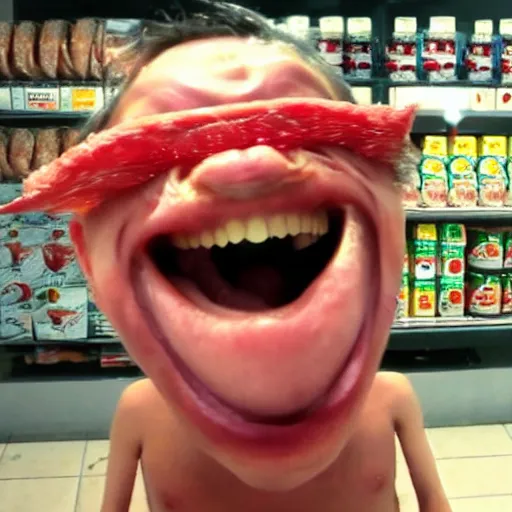 Prompt: crazy eyed demon laughing very hard at a can of spam