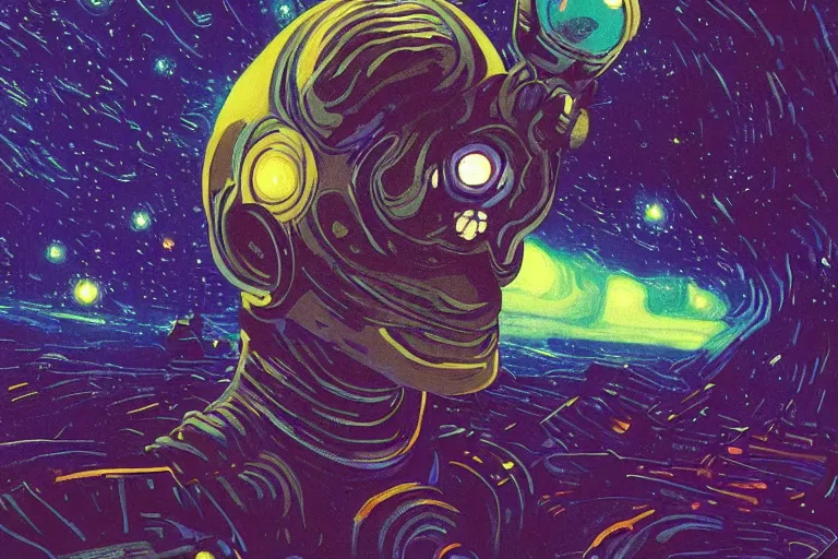 Prompt: digital painting of an alien in space, by paul lehr and vincent di fate and van gogh, highly detailed, intricate, science fiction, galaxies, stars, supernova, black hole, galaxy, planet, void, artstation, portrait, cinematic lighting, studio ghibli color pallette, neon lights, trippy, retrofuturism, portrait