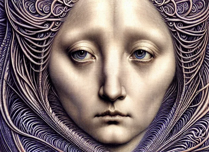 Image similar to detailed realistic beautiful moon goddess face portrait by jean delville, gustave dore, iris van herpen and marco mazzoni, art forms of nature by ernst haeckel, art nouveau, symbolist, visionary, gothic, neo - gothic, pre - raphaelite, fractal lace, intricate alien botanicals, ai biodiversity, surreality, hyperdetailed ultrasharp octane render