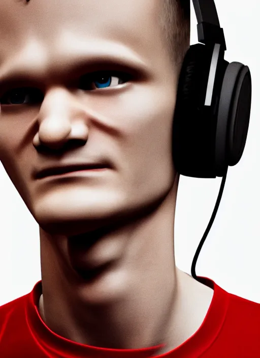 Prompt: vitalik buterin in headphones. vitalik buterin, medium shot, perfect symmetric face, coherent eyes, cute happy face, fine details., very sharp, 4 k, pixar, octane render, hans zatska