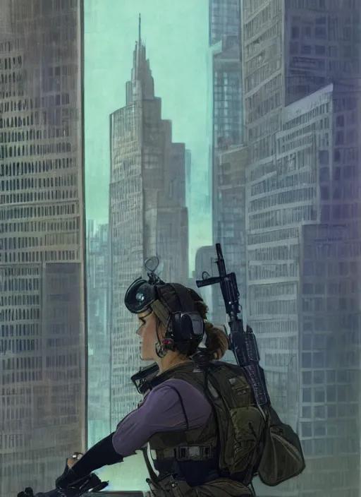 Image similar to Dinah. USN special forces operator looking at city skyline. rb6s Concept art by James Gurney and Alphonso Mucha.