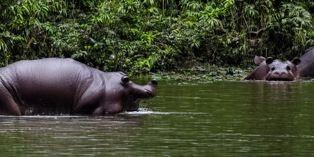 Image similar to a hippo with large wings in a river in the jungle. extremely high fidelity, ominous natural lighting
