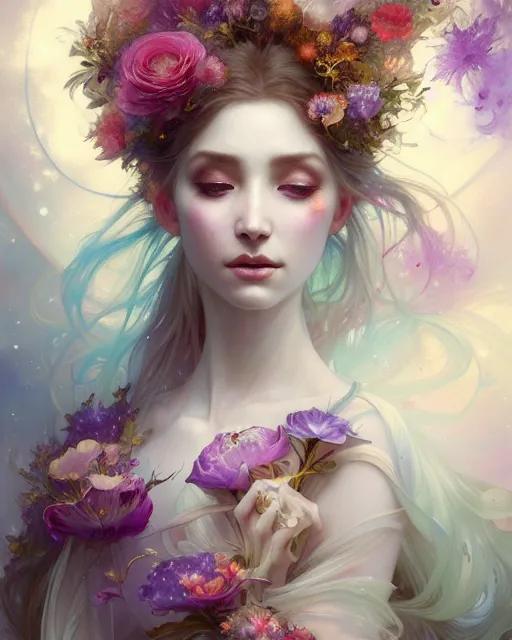 Image similar to Full View ultrarealistic Portrait ethereal fantasy deity wearing beautiful gown, flowers, spirituality, 4k digital masterpiece by Anna Dittman and Alberto Seveso Ruan Jia, rossdraws, artgerm and greg rutkowski and alphonse mucha and loish and WLOP, fantasycore, Hyperdetailed, realistic digital painting, soft lighting, featured on Artstation