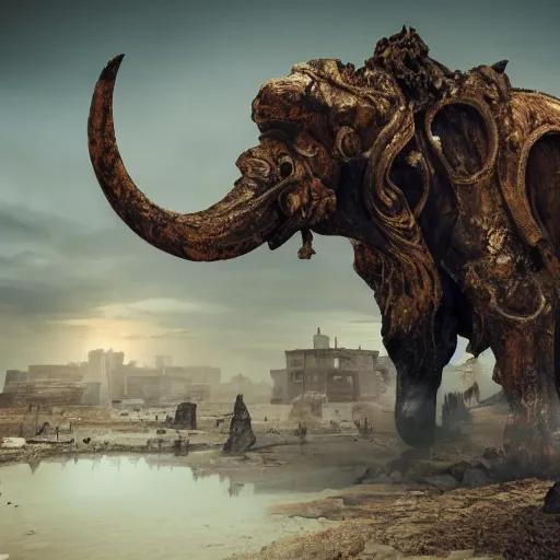 Image similar to golden mammoth in a ruined city, photorealistic, realistic, dramatic, cinematic, photography