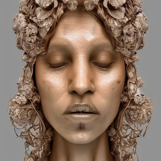 Image similar to beatifull face portrait of a woman, 150 mm, anatomical, flesh, flowers, mandelbrot fractal, facial muscles, veins, arteries, intricate, golden ratio, full frame, microscopic, elegant, highly detailed, ornate, ornament, sculpture, elegant , luxury, beautifully lit, ray trace, unreal, 3d, PBR, in the style of peter Gric , alex grey and Romero Ressendi