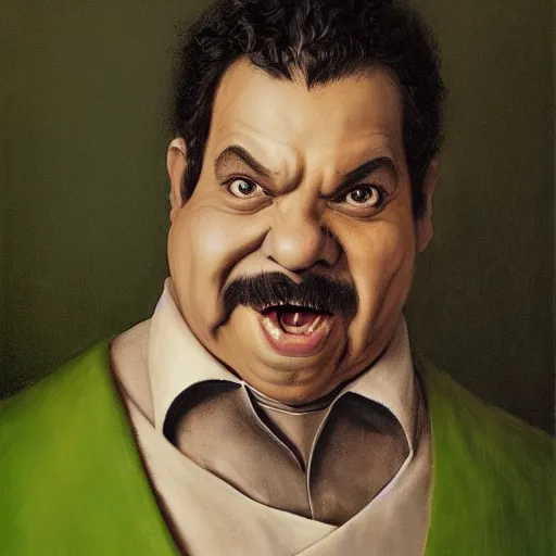 Prompt: hyper realistic, realistic - anime, portrait, beautifully rendered, italian garb, caricature, luis guzman as luigi wearing green, smirking deviously, luigi, luigi's nose, painted by jan van eyck, albrecht durer, gustave courbet, greg rutkowski, wlop, artgerm, dishonored 2,